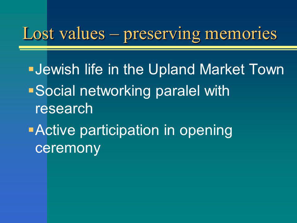 Lost values – preserving memories Jewish life in the Upland Market Town Social networking paralel with research Active participation in opening ceremony