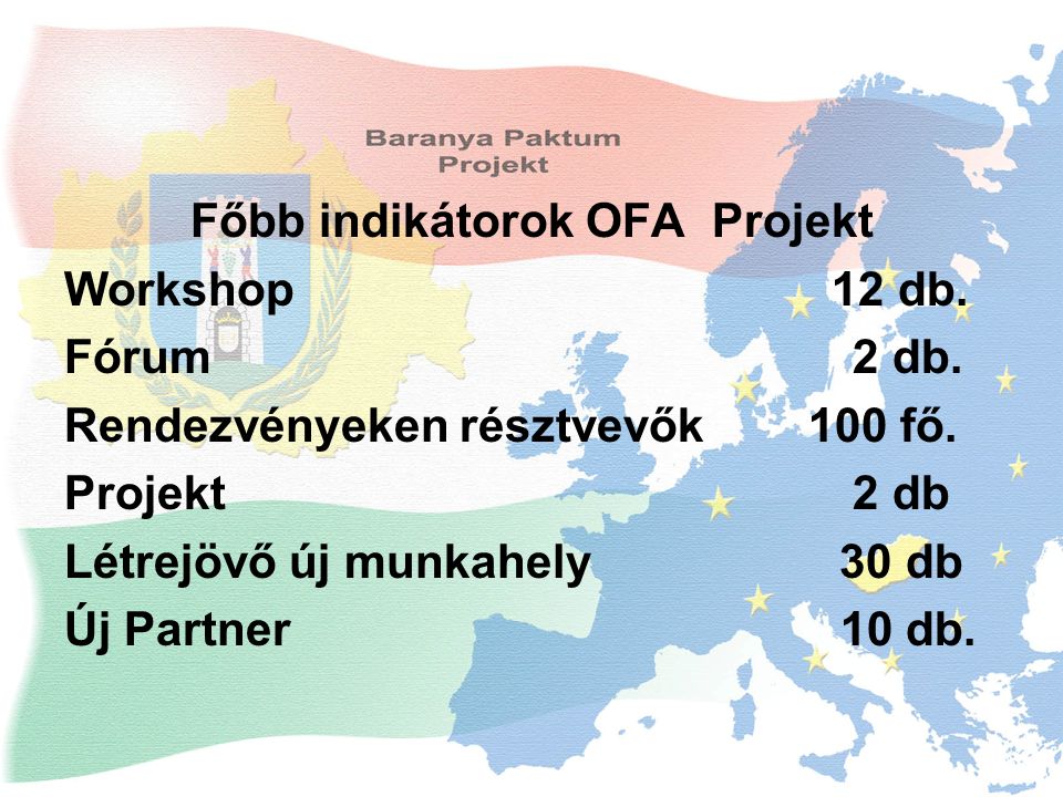 Főbb indikátorok OFA Projekt Workshop 12 db. Fórum 2 db.