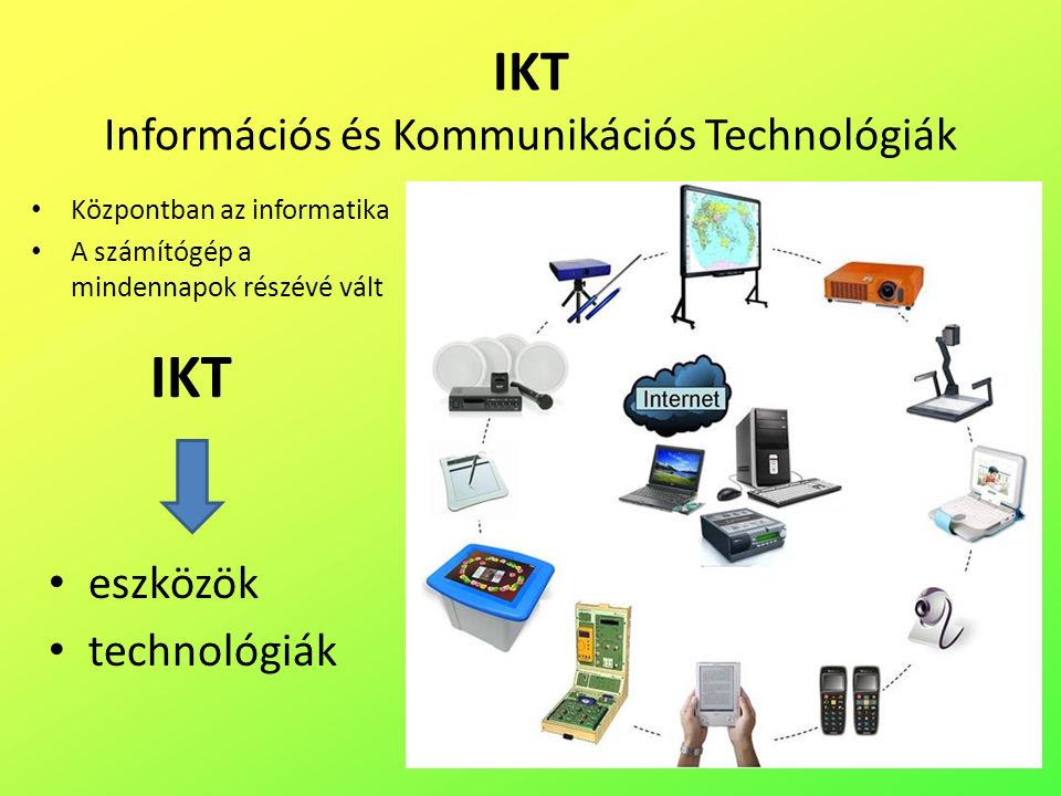 IKT Információs és Kommunikációs Technológiák Központban az informatika A számítógép a mindennapok részévé vált eszközök technológiák IKT