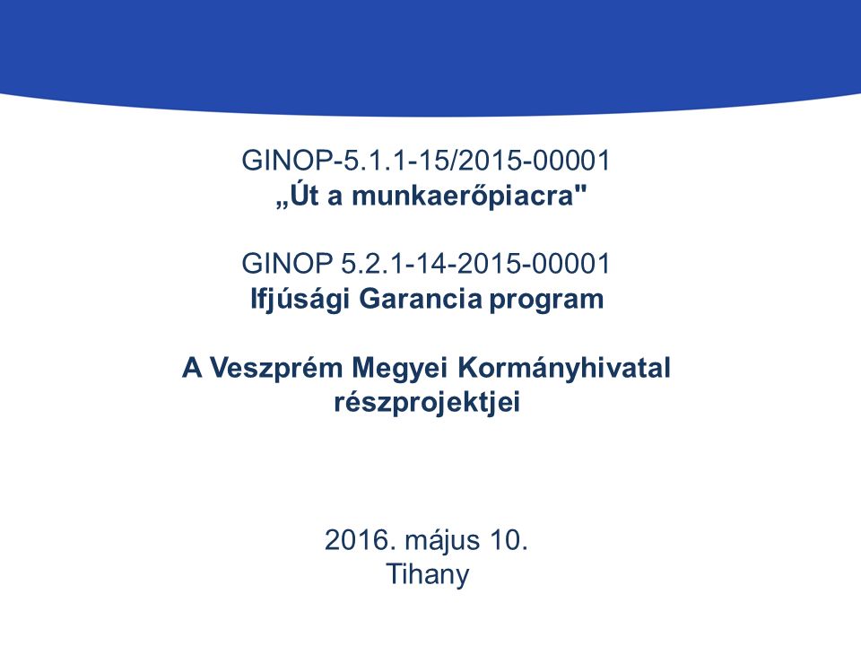 GINOP / „Út a munkaerőpiacra GINOP Ifjúsági Garancia program A Veszprém Megyei Kormányhivatal részprojektjei 2016.