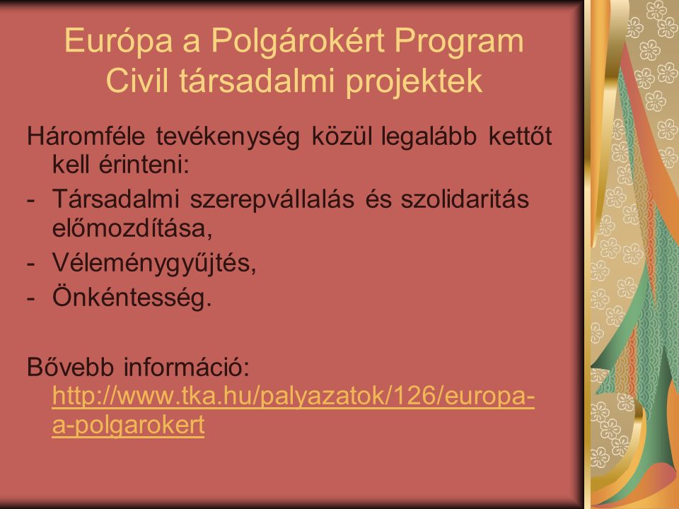 Európa a Polgárokért Program Civil társadalmi projektek Háromféle tevékenység közül legalább kettőt kell érinteni: -Társadalmi szerepvállalás és szolidaritás előmozdítása, -Véleménygyűjtés, -Önkéntesség.