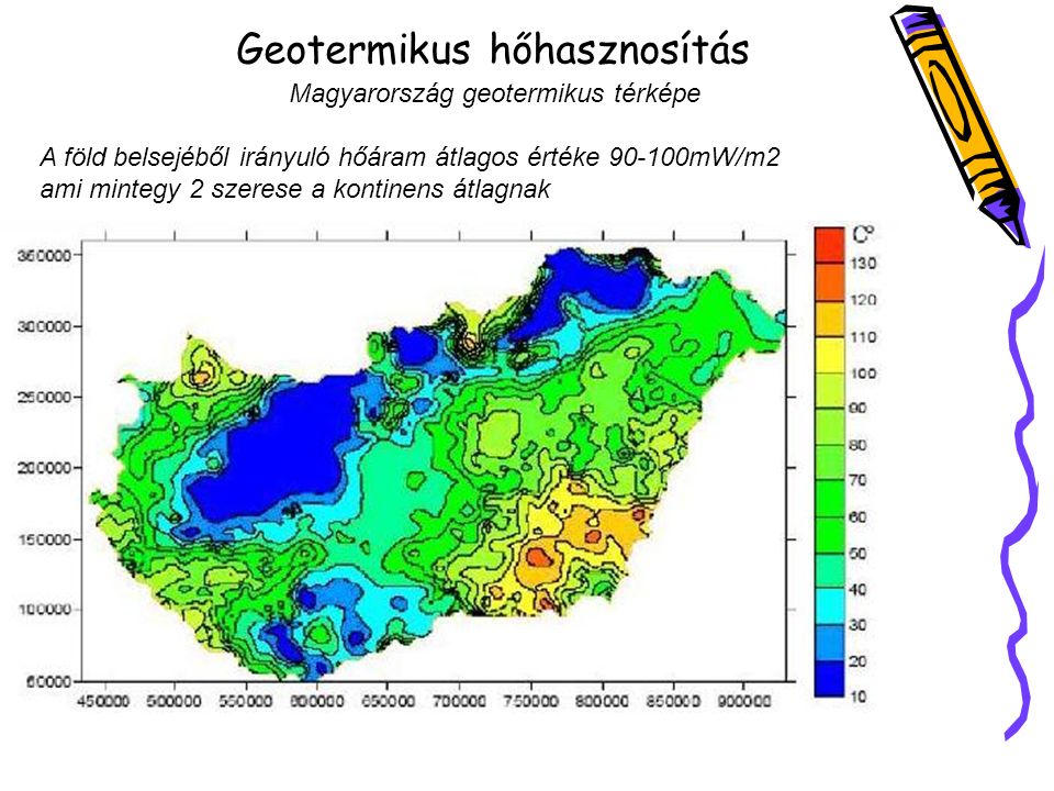 Geotermikus hőhasznosítás Magyarország geotermikus térképe A föld belsejéből irányuló hőáram átlagos értéke mW/m2 ami mintegy 2 szerese a kontinens átlagnak
