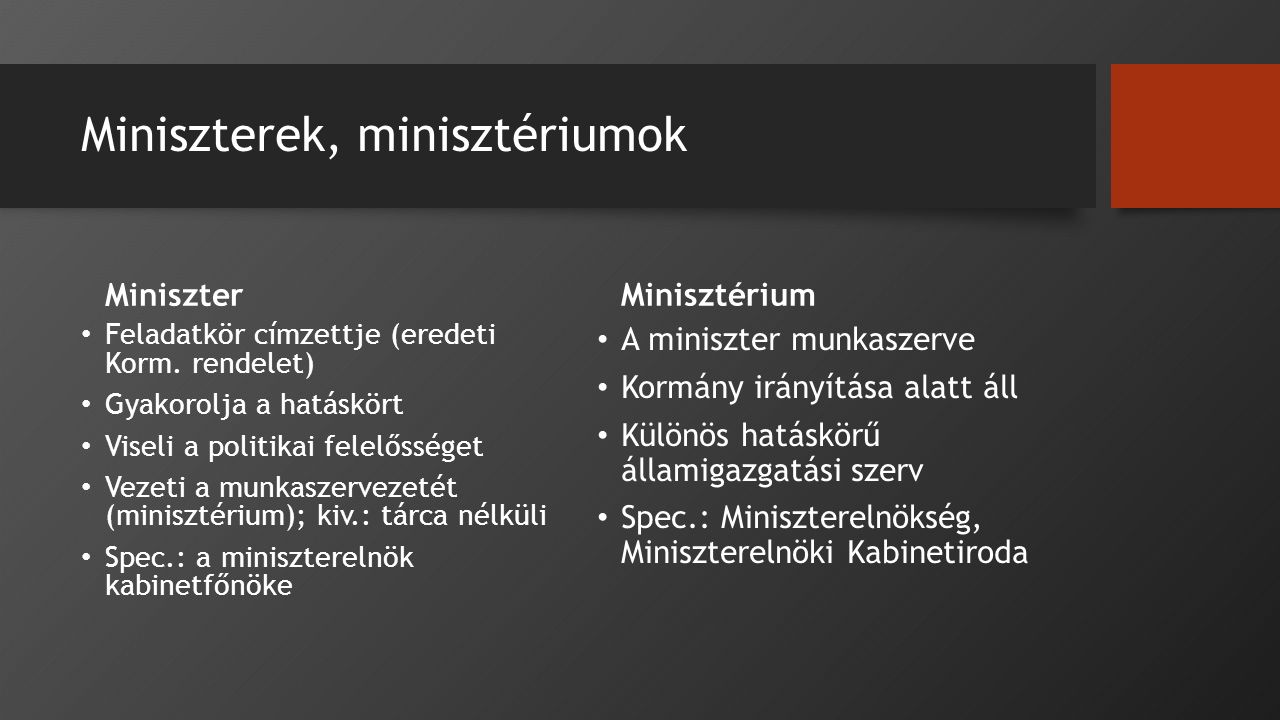 Miniszterek, minisztériumok Miniszter Feladatkör címzettje (eredeti Korm.