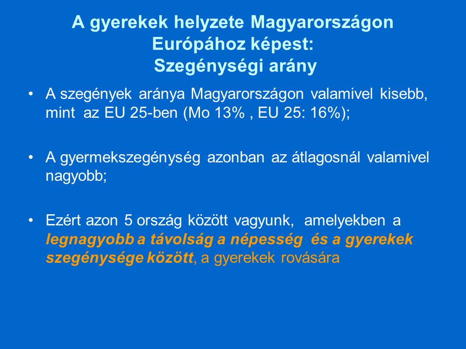 A gyerekek helyzete Magyarországon Európához képest: Szegénységi arány A szegények aránya Magyarországon valamivel kisebb, mint az EU 25-ben (Mo 13%, EU 25: 16%); A gyermekszegénység azonban az átlagosnál valamivel nagyobb; Ezért azon 5 ország között vagyunk, amelyekben a legnagyobb a távolság a népesség és a gyerekek szegénysége között, a gyerekek rovására