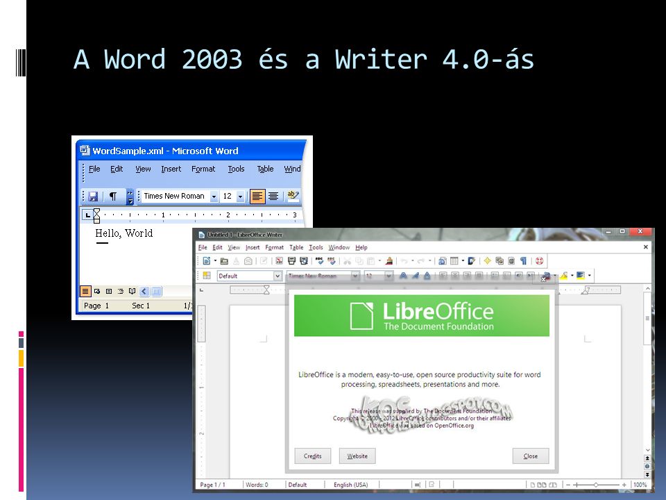 A Word 2003 és a Writer 4.0-ás