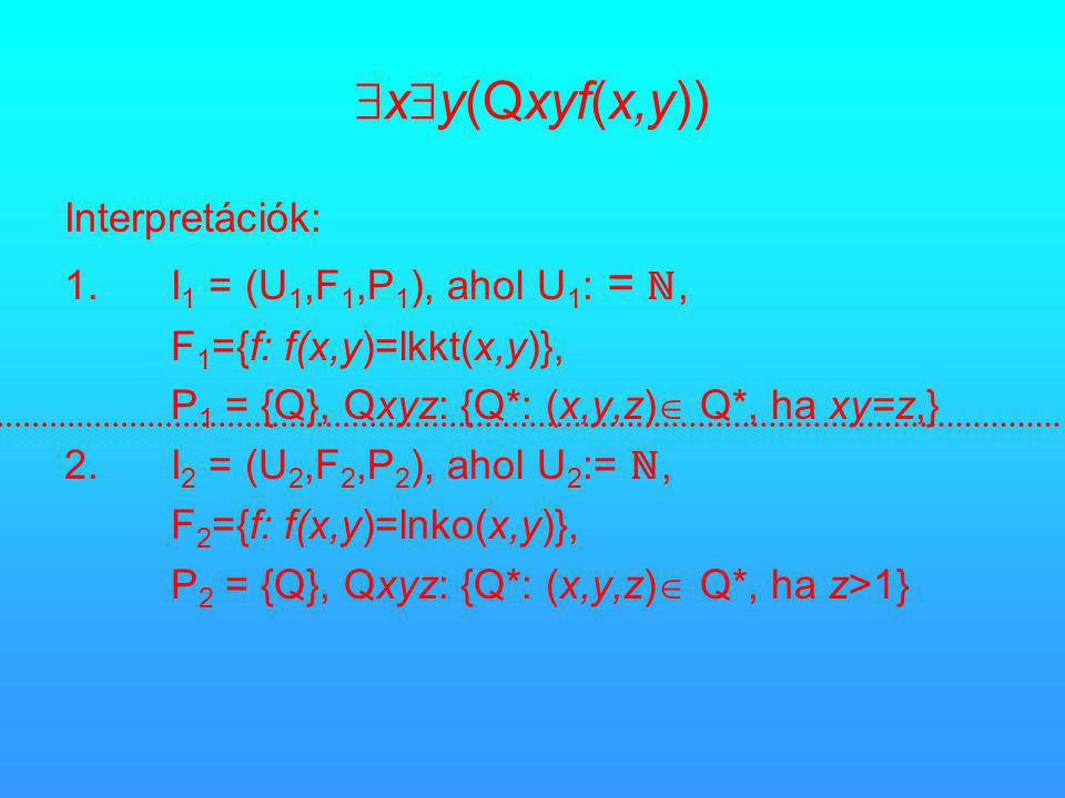  x  y(Qxyf(x,y)) Interpretációk: 1.I 1 = (U 1,F 1,P 1 ), ahol U 1 : = ℕ, F 1 ={f: f(x,y)=lkkt(x,y)}, P 1 = {Q}, Qxyz: {Q*: (x,y,z)  Q*, ha xy=z,} 2.I 2 = (U 2,F 2,P 2 ), ahol U 2 := ℕ, F 2 ={f: f(x,y)=lnko(x,y)}, P 2 = {Q}, Qxyz: {Q*: (x,y,z)  Q*, ha z>1}