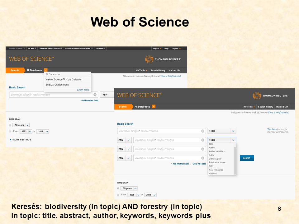 6 Web of Science Keresés: biodiversity (in topic) AND forestry (in topic) In topic: title, abstract, author, keywords, keywords plus