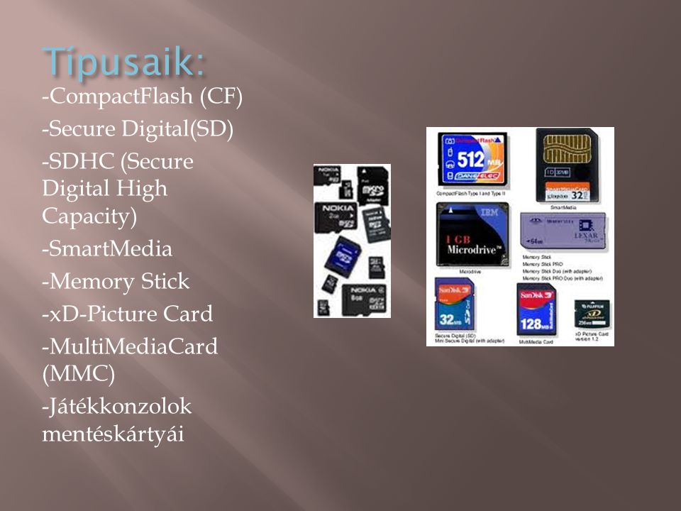 Típusaik: -CompactFlash (CF) -Secure Digital(SD) -SDHC (Secure Digital High Capacity) -SmartMedia -Memory Stick -xD-Picture Card -MultiMediaCard (MMC) -Játékkonzolok mentéskártyái