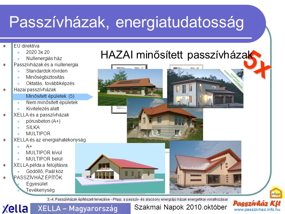 5x Passzívházak, energiatudatosság  EU direktíva  x 20  Nullenergiás ház  Passzívházak és a nullenergia  Standardok röviden  Minőségbiztosítás  Oktatás, továbbképzés  Hazai passzívházak  Minősített épületek (5)  Nem minősített épületek  Kivitelezés alatt  XELLA és a passzívházak  pórusbeton (A+)  SILKA  MULTIPOR  XELLA és az energiahatékonyság  A+  MULTIPOR kívül  MULTIPOR belül  XELLA példa a felújításra  Gödöllő, Paál köz  PASSZÍVHÁZ ÉPÍTŐK  Egyesület  Tevékenység Szakmai Napok 2010.október HAZAI minősített passzívházak