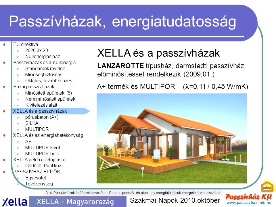 Passzívházak, energiatudatosság  EU direktíva  x 20  Nullenergiás ház  Passzívházak és a nullenergia  Standardok röviden  Minőségbiztosítás  Oktatás, továbbképzés  Hazai passzívházak  Minősített épületek (5)  Nem minősített épületek  Kivitelezés alatt  XELLA és a passzívházak  pórusbeton (A+)  SILKA  MULTIPOR  XELLA és az energiahatékonyság  A+  MULTIPOR kívül  MULTIPOR belül  XELLA példa a felújításra  Gödöllő, Paál köz  PASSZÍVHÁZ ÉPÍTŐK  Egyesület  Tevékenység Szakmai Napok 2010.október XELLA és a passzívházak LANZAROTTE típusház, darmstadti passzívház előminősítéssel rendelkezik ( ) A+ termék és MULTIPOR (  =0,11 / 0,45 W/mK)