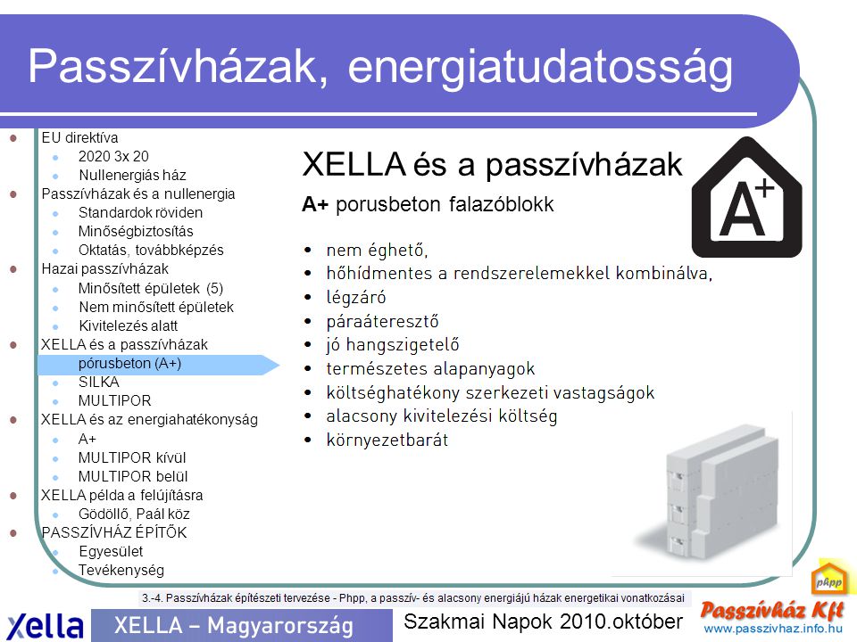 Passzívházak, energiatudatosság  EU direktíva  x 20  Nullenergiás ház  Passzívházak és a nullenergia  Standardok röviden  Minőségbiztosítás  Oktatás, továbbképzés  Hazai passzívházak  Minősített épületek (5)  Nem minősített épületek  Kivitelezés alatt  XELLA és a passzívházak  pórusbeton (A+)  SILKA  MULTIPOR  XELLA és az energiahatékonyság  A+  MULTIPOR kívül  MULTIPOR belül  XELLA példa a felújításra  Gödöllő, Paál köz  PASSZÍVHÁZ ÉPÍTŐK  Egyesület  Tevékenység Szakmai Napok 2010.október XELLA és a passzívházak A+ porusbeton falazóblokk