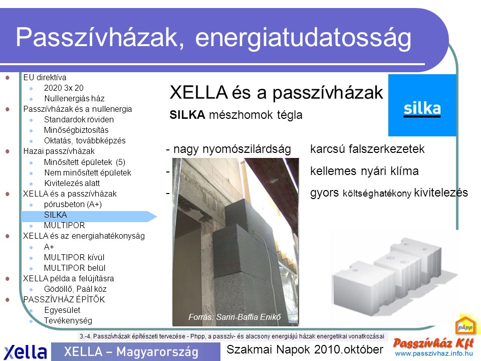 Passzívházak, energiatudatosság  EU direktíva  x 20  Nullenergiás ház  Passzívházak és a nullenergia  Standardok röviden  Minőségbiztosítás  Oktatás, továbbképzés  Hazai passzívházak  Minősített épületek (5)  Nem minősített épületek  Kivitelezés alatt  XELLA és a passzívházak  pórusbeton (A+)  SILKA  MULTIPOR  XELLA és az energiahatékonyság  A+  MULTIPOR kívül  MULTIPOR belül  XELLA példa a felújításra  Gödöllő, Paál köz  PASSZÍVHÁZ ÉPÍTŐK  Egyesület  Tevékenység Szakmai Napok 2010.október XELLA és a passzívházak SILKA mészhomok tégla - nagy nyomószilárdságkarcsú falszerkezetek - nagy hőkapacitáskellemes nyári klíma - méretpontossággyors költséghatékony kivitelezés Forrás: Sariri-Baffia Enikő