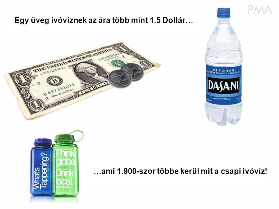 Egy üveg ivóvíznek az ára több mint 1.5 Dollár… …ami szor többe kerül mit a csapi ivóvíz!