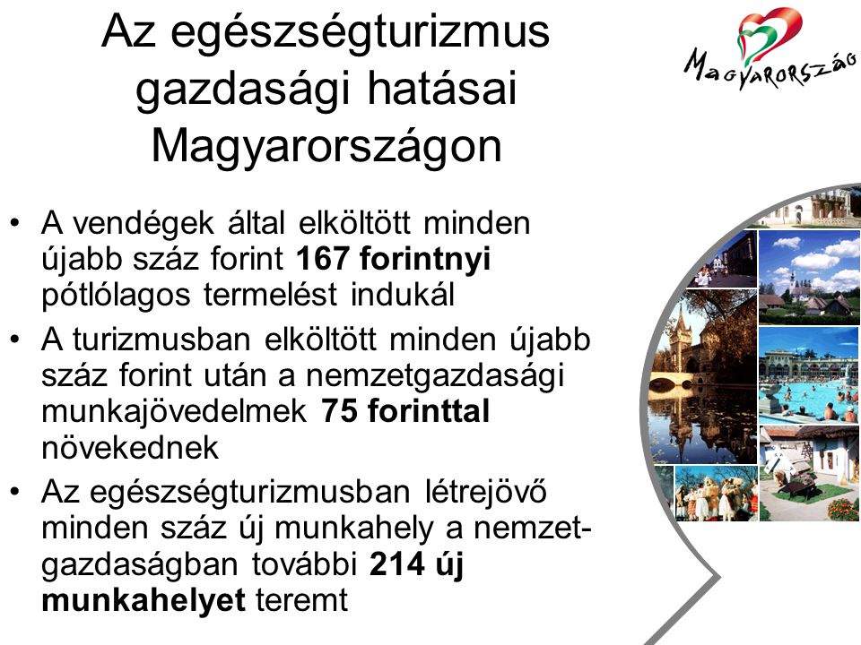 Utazás, szabadidő és turizmus csoport Egészségturizmus Németországban •17 millió vendég, 104 vendégéjszaka a gyógyüdülőhelyeken •92%-a belföldi turista •Összes egészségturisztikai utazás •58%-a belföldre •42%-a külföldre irányul •Célországok: •12% Spanyolország •6% Magyarország •Magyarországra történő utazások •19%-a egészségturisztikai célú Német Gyógyfürdőszövetség, 1999
