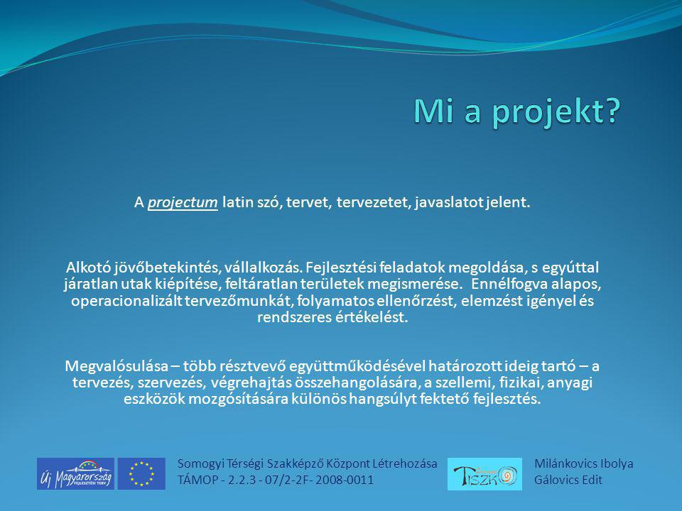 Somogyi Térségi Szakképző Központ Létrehozása TÁMOP /2-2F Milánkovics Ibolya Gálovics Edit A projectum latin szó, tervet, tervezetet, javaslatot jelent.