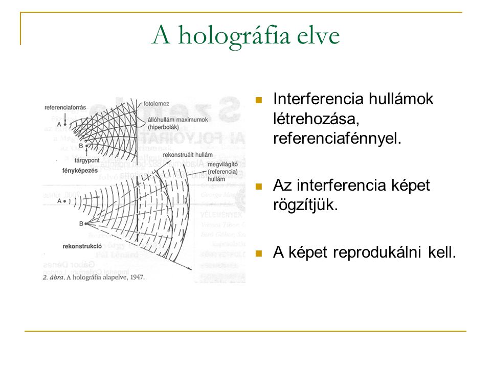 A holográfia elve  Interferencia hullámok létrehozása, referenciafénnyel.