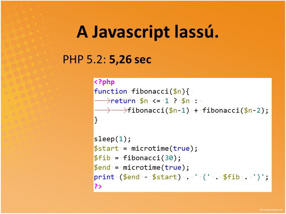 PHP 5.2: 5,26 sec A Javascript lassú.