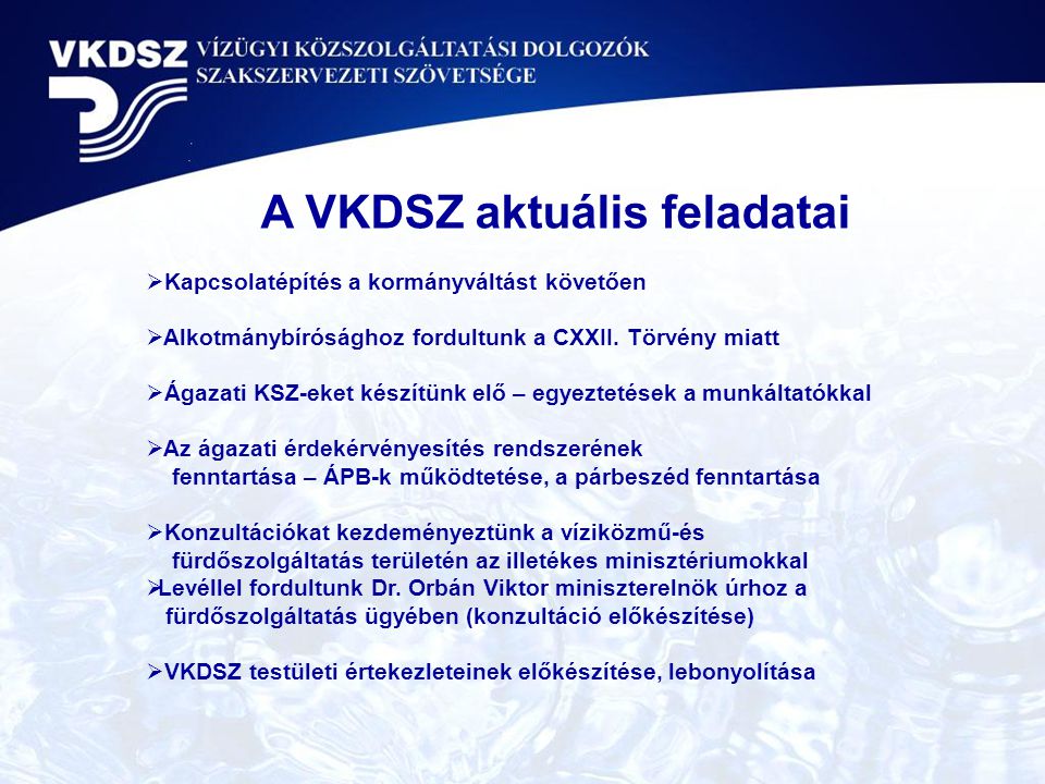 A VKDSZ aktuális feladatai  Kapcsolatépítés a kormányváltást követően  Alkotmánybírósághoz fordultunk a CXXII.
