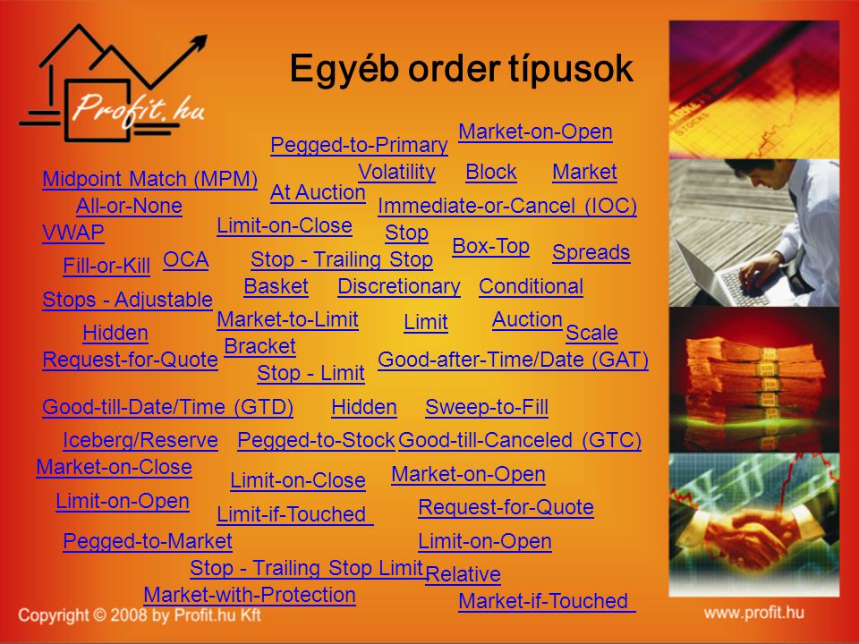 Egyéb order típusok All-or-None At Auction Auction Basket Block Box-Top Bracket ConditionalDiscretionary Fill-or-Kill Good-after-Time/Date (GAT) Good-till-Canceled (GTC) Good-till-Date/Time (GTD) Hidden Iceberg/Reserve Immediate-or-Cancel (IOC) Limit Limit-if-Touched Limit-on-Close Limit-on-Open Market Market-if-Touched Market-on-Close Market-on-Open Market-to-Limit Market-with-Protection Midpoint Match (MPM) OCA Pegged-to-Market Pegged-to-Primary Pegged-to-Stock Relative Request-for-Quote Scale Spreads Stop Stops - Adjustable Stop - Limit Stop - Trailing Stop Stop - Trailing Stop Limit Sweep-to-Fill Volatility VWAP