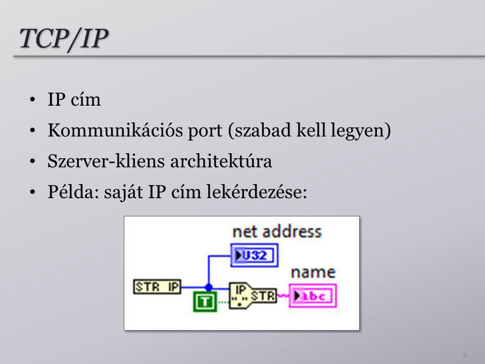 TCP/IP • IP cím • Kommunikációs port (szabad kell legyen) • Szerver-kliens architektúra • Példa: saját IP cím lekérdezése: 4