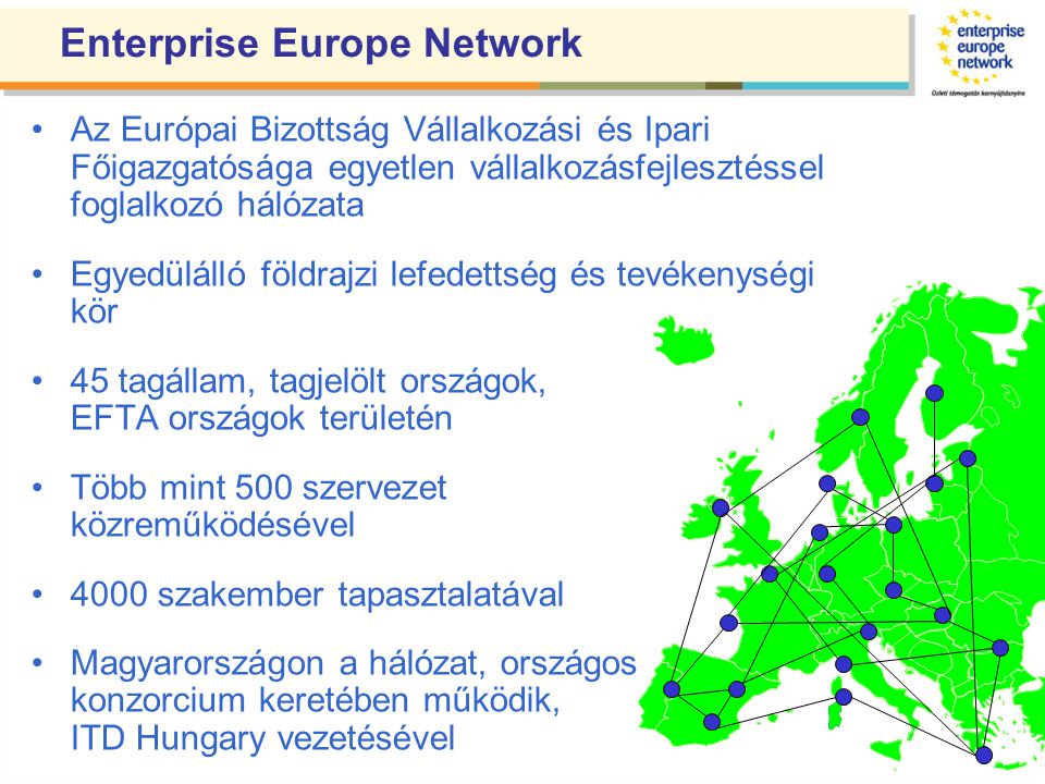 Enterprise Europe Network •Az Európai Bizottság Vállalkozási és Ipari Főigazgatósága egyetlen vállalkozásfejlesztéssel foglalkozó hálózata •Egyedülálló földrajzi lefedettség és tevékenységi kör •45 tagállam, tagjelölt országok, EFTA országok területén •Több mint 500 szervezet közreműködésével •4000 szakember tapasztalatával •Magyarországon a hálózat, országos konzorcium keretében működik, ITD Hungary vezetésével