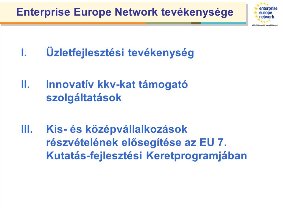 I.Üzletfejlesztési tevékenység II.Innovatív kkv-kat támogató szolgáltatások III.Kis- és középvállalkozások részvételének elősegítése az EU 7.