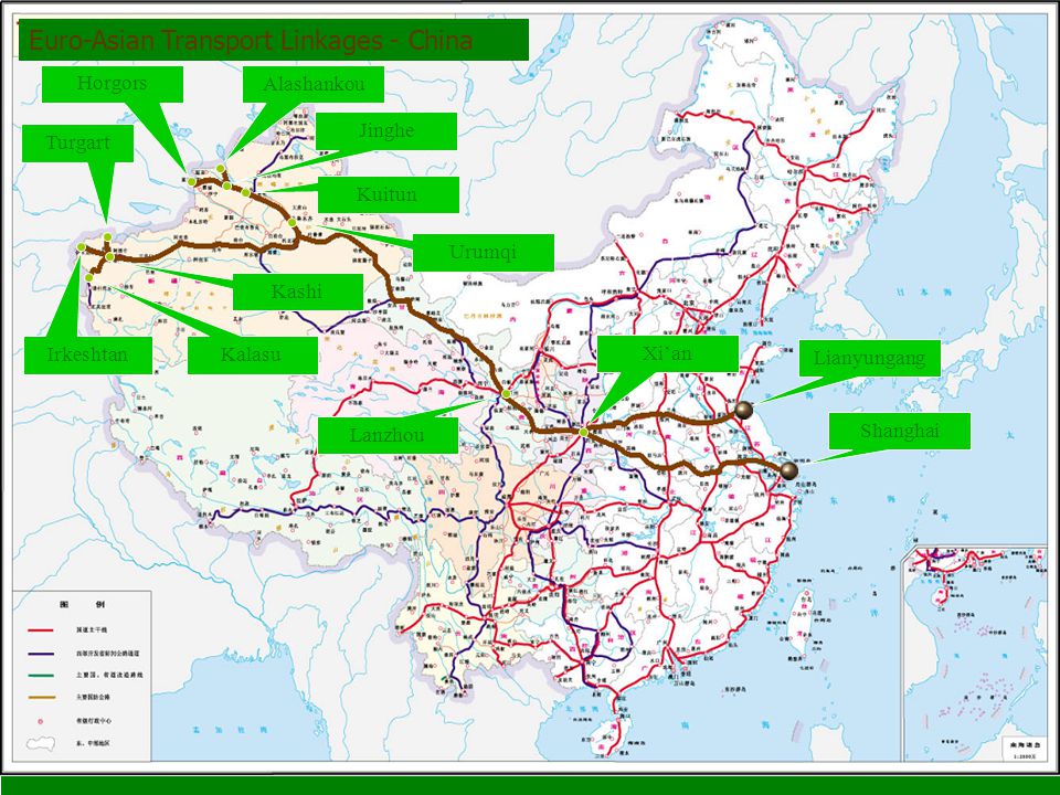 A kínai vasutak Lianyungang Shanghai Xi’an Lanzhou Urumqi Alashankou Jinghe Kuitun Horgors Turgart Irkeshtan Kashi Kalasu Euro-Asian Transport Linkages - China