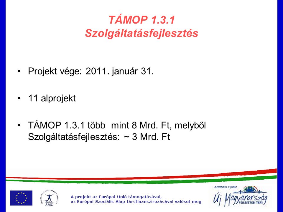 A projekt az Európai Unió támogatásával, az Európai Szociális Alap társfinanszírozásával valósul meg TÁMOP Szolgáltatásfejlesztés •Projekt vége: 2011.