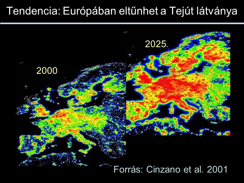 Tendencia: Európában eltűnhet a Tejút látványa Forrás: Cinzano et al. 2001