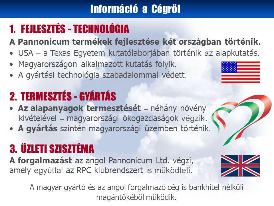 1. FEJLESZTÉS - TECHNOLÓGIA A Pannonicum termékek fejlesztése két országban történik.