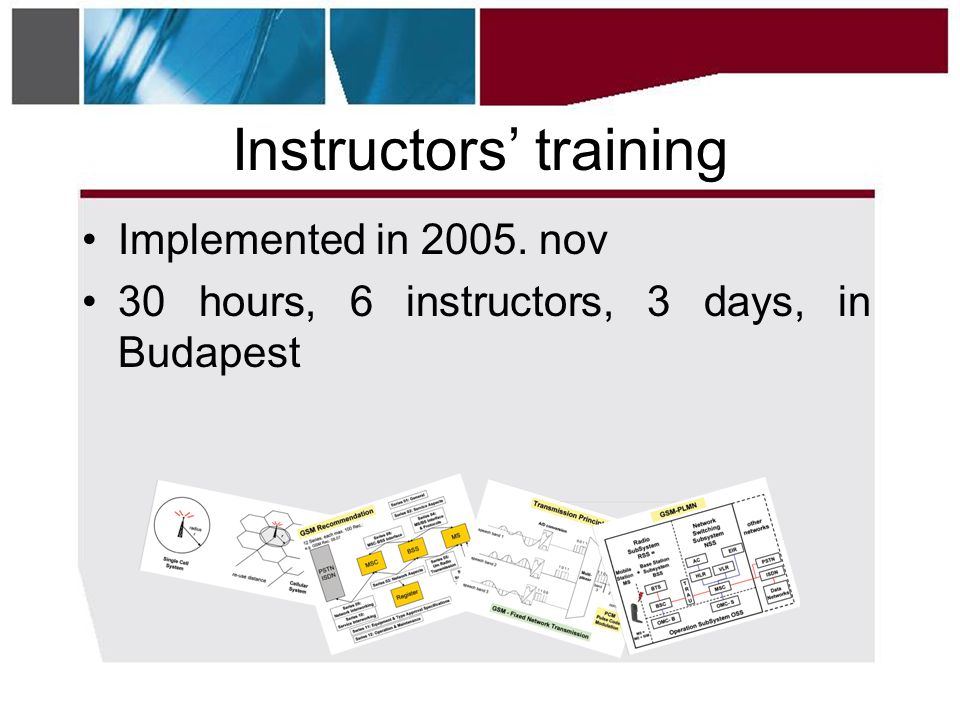 Instructors’ training •Implemented in nov •30 hours, 6 instructors, 3 days, in Budapest