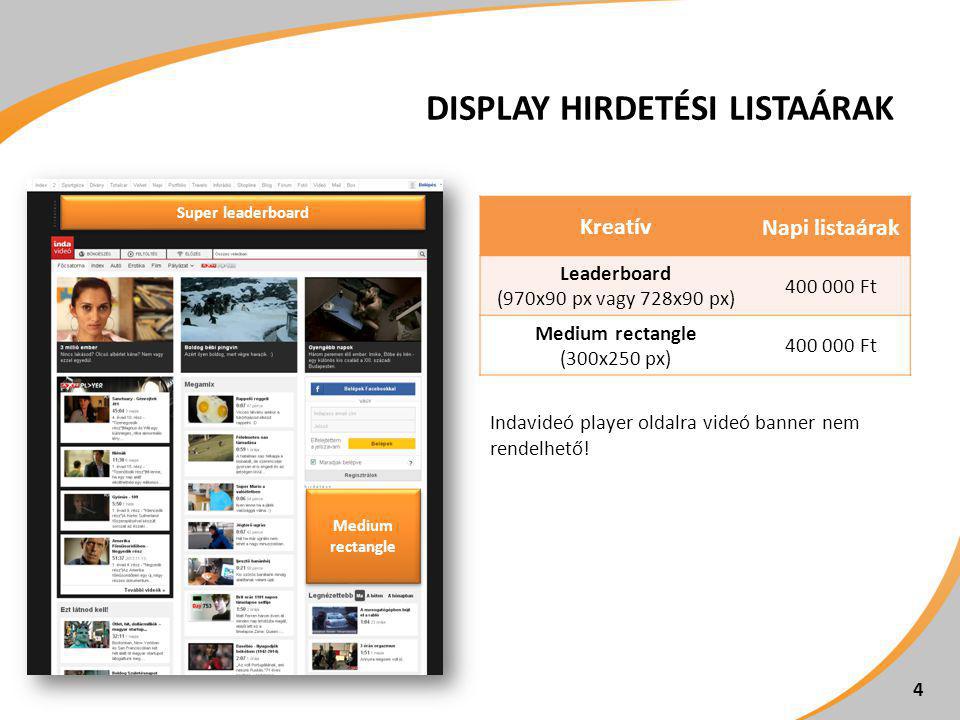 KreatívNapi listaárak Leaderboard (970x90 px vagy 728x90 px) Ft Medium rectangle (300x250 px) Ft Indavideó player oldalra videó banner nem rendelhető.