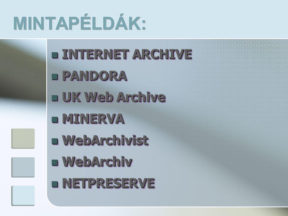  INTERNET ARCHIVE  PANDORA  UK Web Archive  MINERVA  WebArchivist  WebArchiv  NETPRESERVE  INTERNET ARCHIVE  PANDORA  UK Web Archive  MINERVA  WebArchivist  WebArchiv  NETPRESERVE