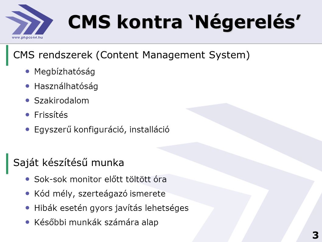 3 CMS kontra ‘Négerelés’ CMS rendszerek (Content Management System) • Megbízhatóság • Használhatóság • Szakirodalom • Frissítés • Egyszerű konfiguráció, installáció Saját készítésű munka • Sok-sok monitor előtt töltött óra • Kód mély, szerteágazó ismerete • Hibák esetén gyors javítás lehetséges • Későbbi munkák számára alap
