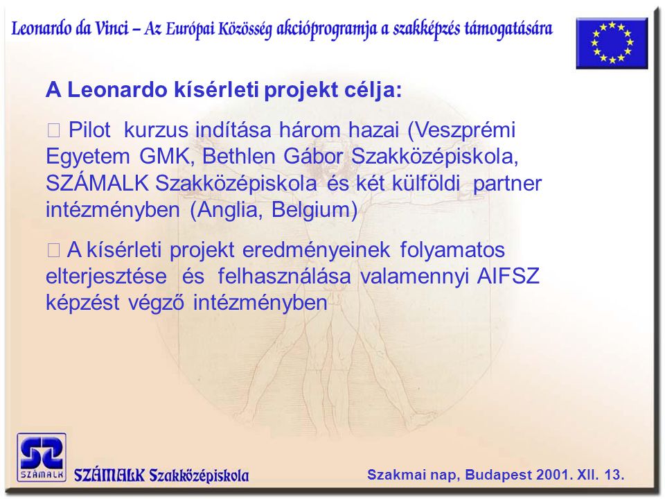 A Leonardo kísérleti projekt célja: Pilot kurzus indítása három hazai (Veszprémi Egyetem GMK, Bethlen Gábor Szakközépiskola, SZÁMALK Szakközépiskola és két külföldi partner intézményben (Anglia, Belgium) A kísérleti projekt eredményeinek folyamatos elterjesztése és felhasználása valamennyi AIFSZ képzést végző intézményben Szakmai nap, Budapest 2001.