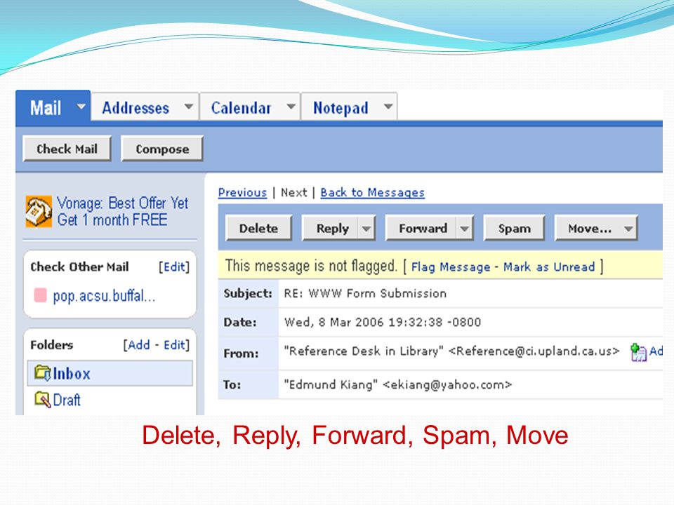 options Delete, Reply, Forward, Spam, Move