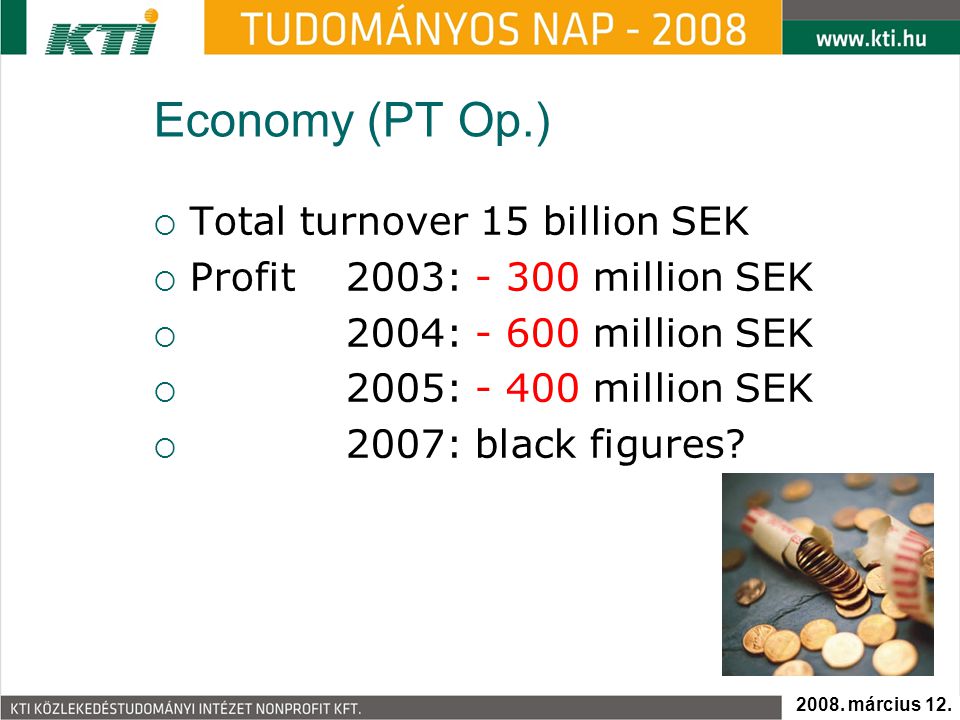 Economy (PT Op.)  Total turnover 15 billion SEK  Profit 2003: million SEK  2004: million SEK  2005: million SEK  2007: black figures.