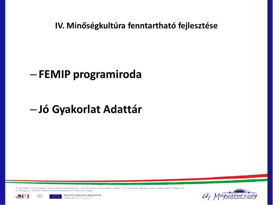 IV. Minőségkultúra fenntartható fejlesztése – FEMIP programiroda – Jó Gyakorlat Adattár