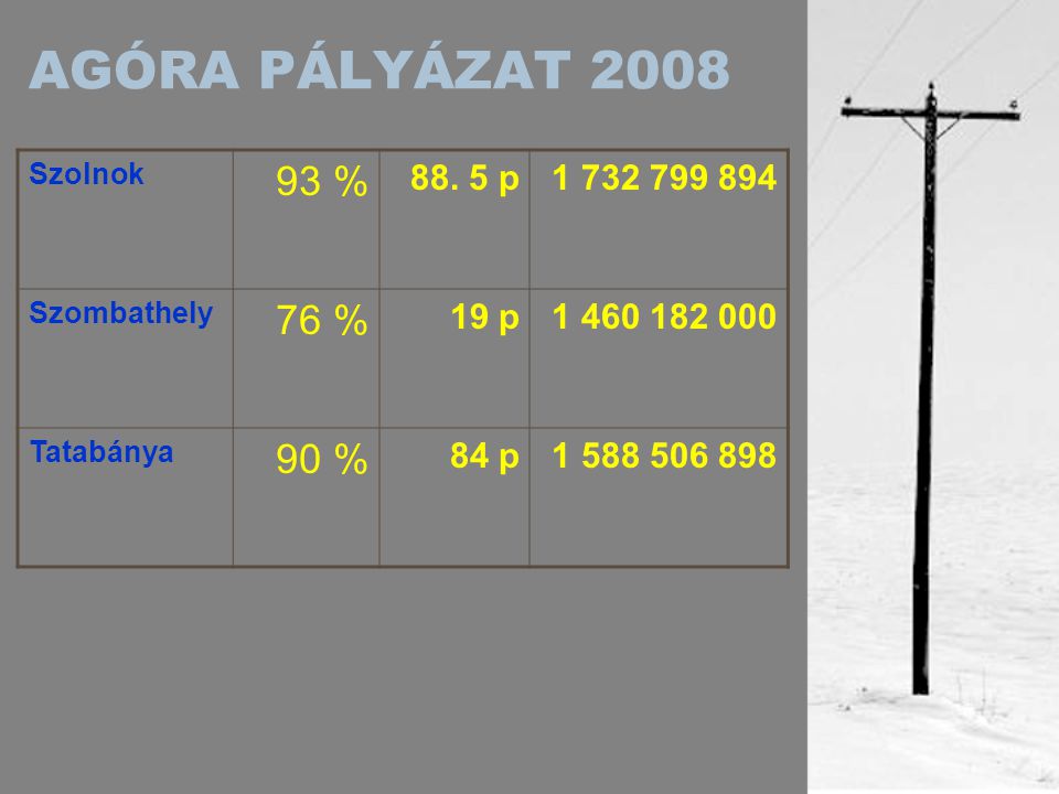 AGÓRA PÁLYÁZAT 2008 Szolnok 93 % 88.