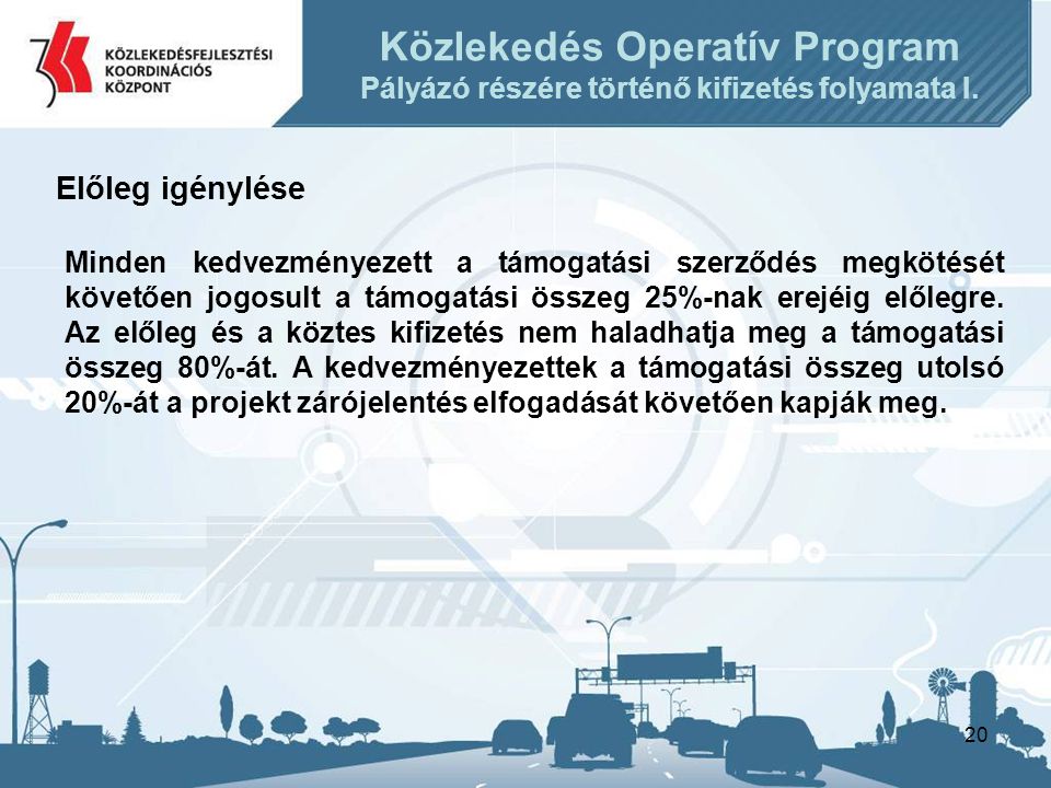 20 Közlekedés Operatív Program Pályázó részére történő kifizetés folyamata I.