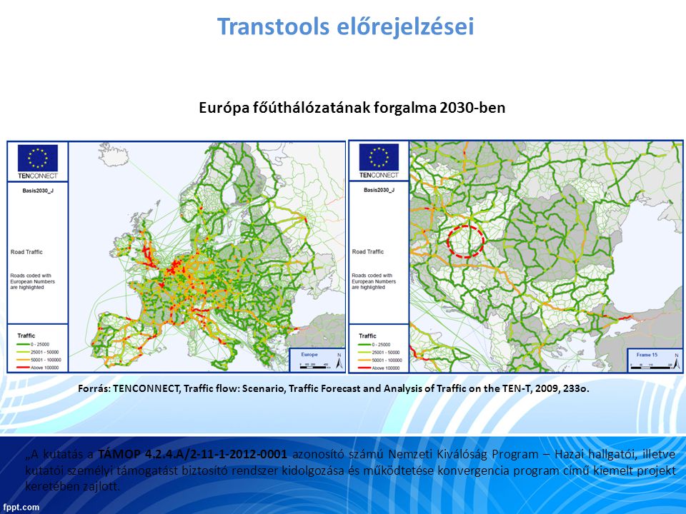 Európa főúthálózatának forgalma 2030-ben Transtools előrejelzései „A kutatás a TÁMOP A/ azonosító számú Nemzeti Kiválóság Program – Hazai hallgatói, illetve kutatói személyi támogatást biztosító rendszer kidolgozása és működtetése konvergencia program című kiemelt projekt keretében zajlott.