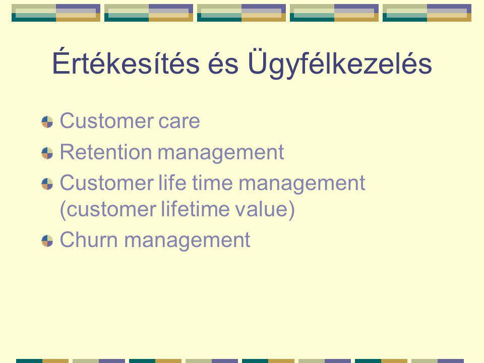 Értékesítés és Ügyfélkezelés Customer care Retention management Customer life time management (customer lifetime value) Churn management