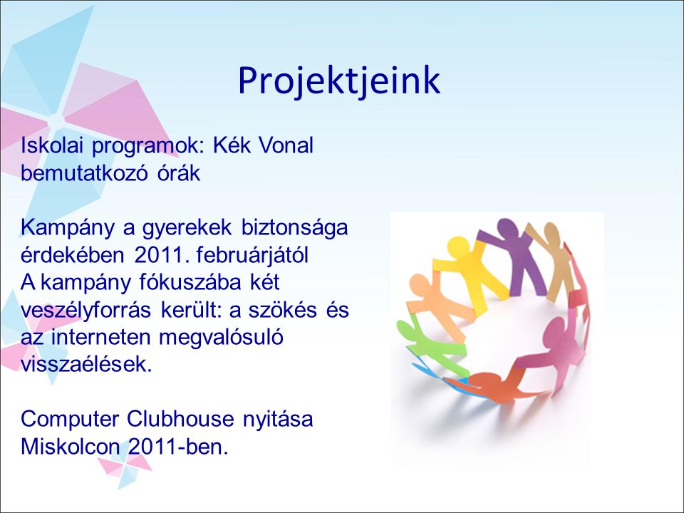 Projektjeink Iskolai programok: Kék Vonal bemutatkozó órák Kampány a gyerekek biztonsága érdekében 2011.