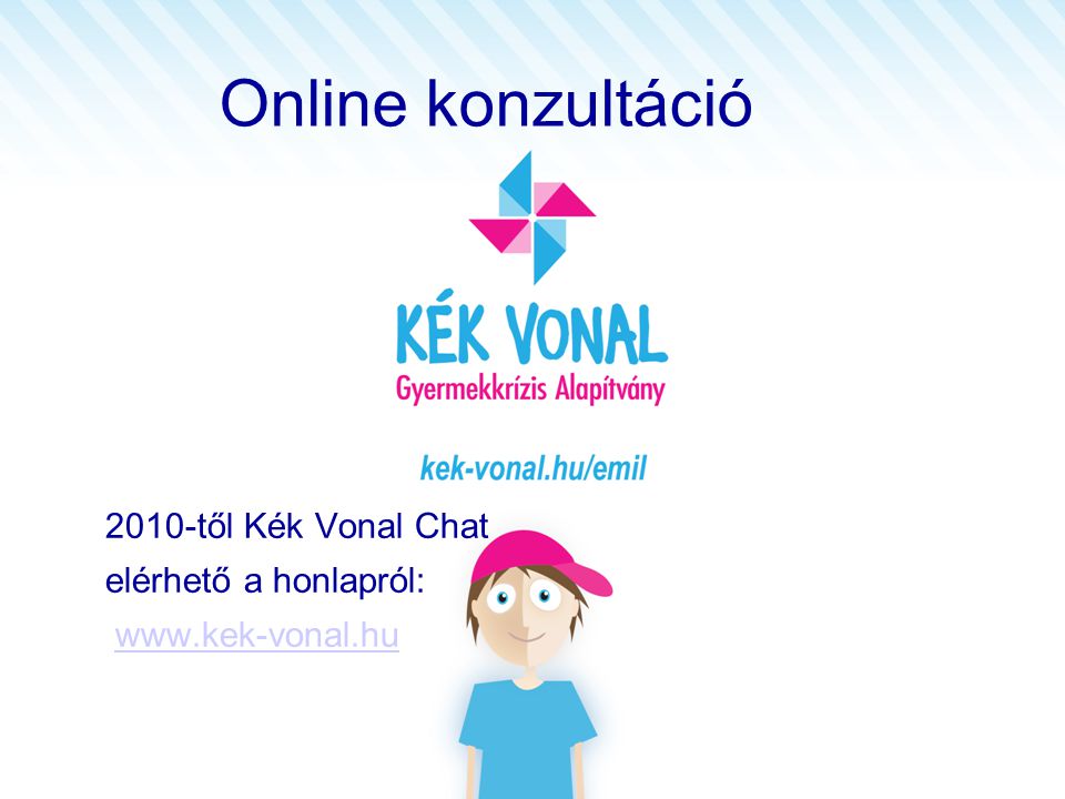 Online konzultáció 2010-től Kék Vonal Chat elérhető a honlapról: