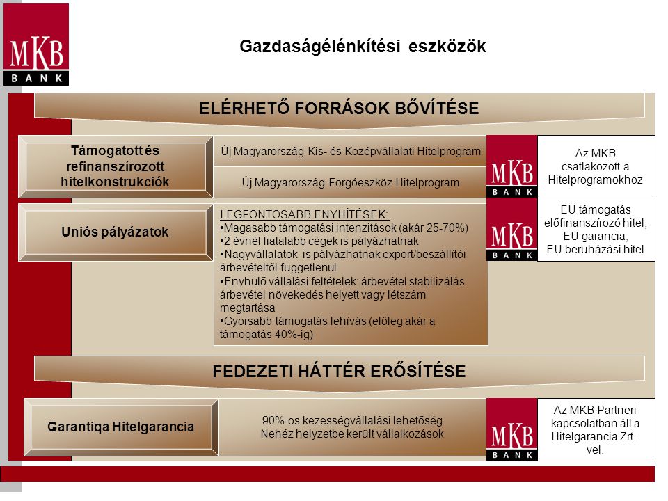 Gazdaságélénkítési eszközök Támogatott és refinanszírozott hitelkonstrukciók Új Magyarország Kis- és Középvállalati Hitelprogram Új Magyarország Forgóeszköz Hitelprogram Uniós pályázatok LEGFONTOSABB ENYHÍTÉSEK: •Magasabb támogatási intenzitások (akár 25-70%) •2 évnél fiatalabb cégek is pályázhatnak •Nagyvállalatok is pályázhatnak export/beszállítói árbevételtől függetlenül •Enyhülő vállalási feltételek: árbevétel stabilizálás árbevétel növekedés helyett vagy létszám megtartása •Gyorsabb támogatás lehívás (előleg akár a támogatás 40%-ig) Garantiqa Hitelgarancia 90%-os kezességvállalási lehetőség Nehéz helyzetbe került vállalkozások ELÉRHETŐ FORRÁSOK BŐVÍTÉSE Az MKB csatlakozott a Hitelprogramokhoz EU támogatás előfinanszírozó hitel, EU garancia, EU beruházási hitel FEDEZETI HÁTTÉR ERŐSÍTÉSE Az MKB Partneri kapcsolatban áll a Hitelgarancia Zrt.- vel.