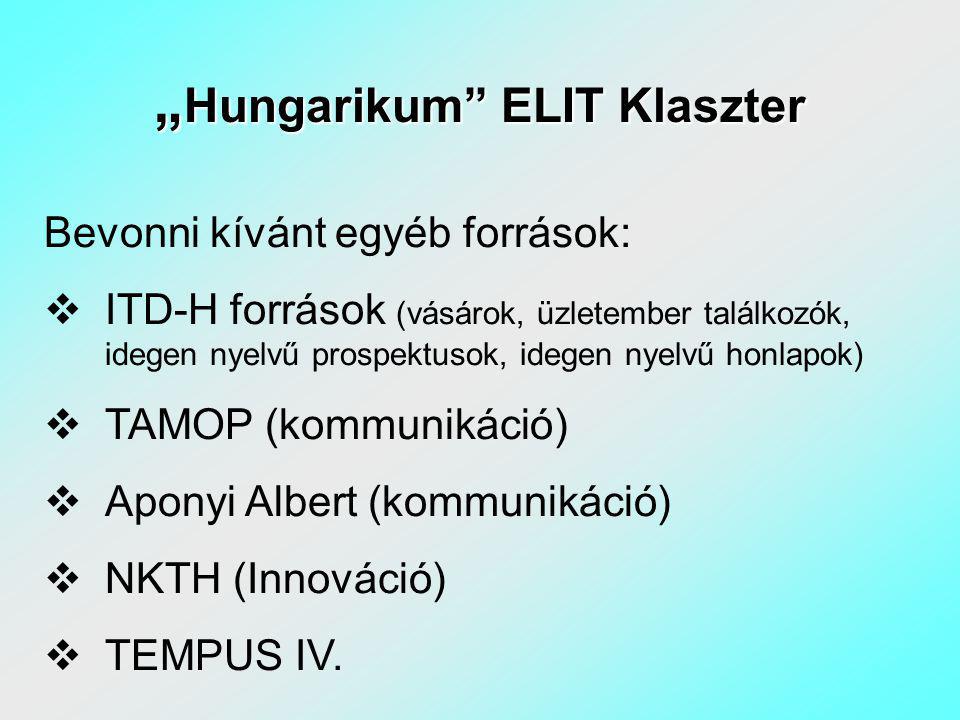 „ Hungarikum ELIT Klaszter Bevonni kívánt egyéb források:  ITD-H források (vásárok, üzletember találkozók, idegen nyelvű prospektusok, idegen nyelvű honlapok)  TAMOP (kommunikáció)  Aponyi Albert (kommunikáció)  NKTH (Innováció)  TEMPUS IV.