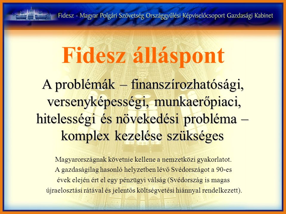A problémák – finanszírozhatósági, A problémák – finanszírozhatósági, versenyképességi, munkaerőpiaci, hitelességi és növekedési probléma – hitelességi és növekedési probléma – komplex kezelése szükséges Fidesz álláspont Magyarországnak követnie kellene a nemzetközi gyakorlatot.