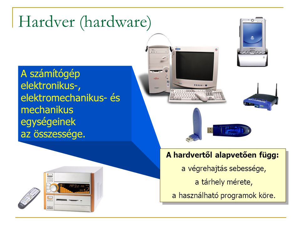 Hardver (hardware) A számítógép elektronikus-, elektromechanikus- és mechanikus egységeinek az összessége.