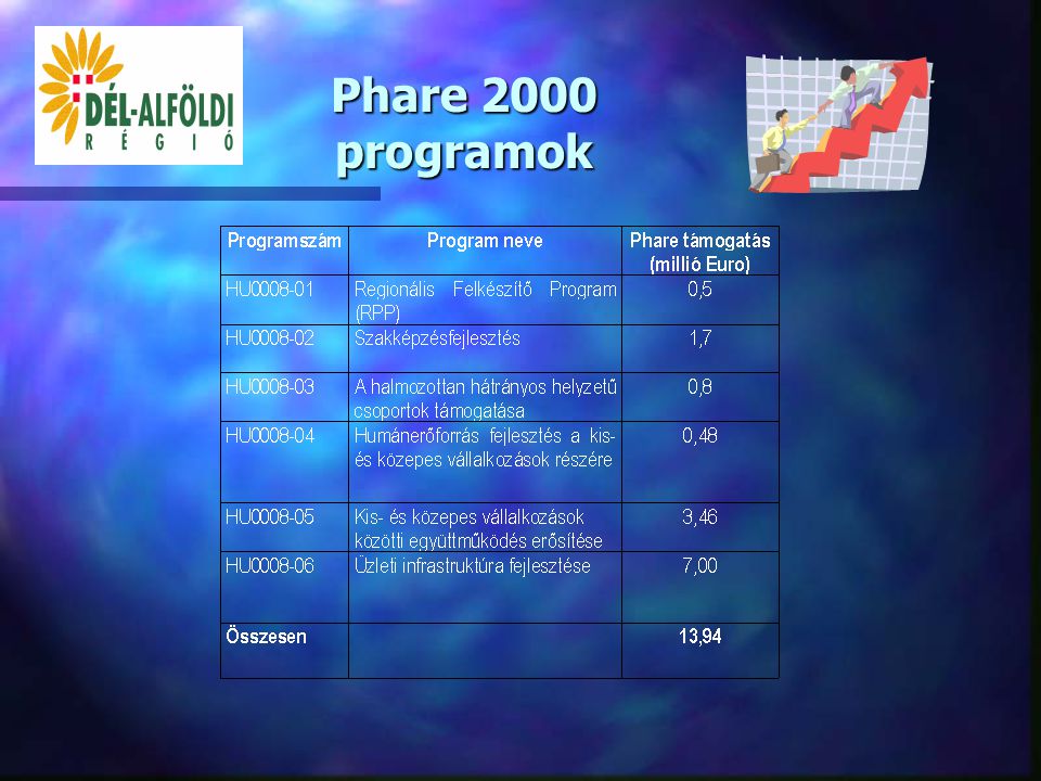Phare ‘96 Kísérleti Program Alap A program keretében 5 témára lehetett pályázni:  1.