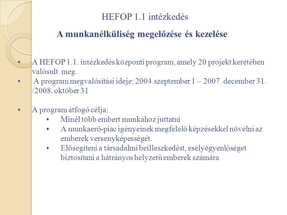 HEFOP 1.1 intézkedés A munkanélküliség megelőzése és kezelése •A HEFOP 1.1.